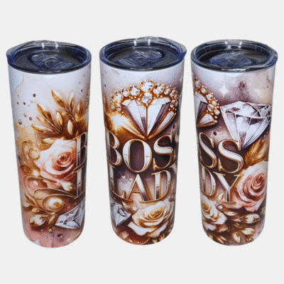 Duurzaam bedrukte 20 oz Tumbler met Diamanten design en Quote Boss Lady met transparante deksel
