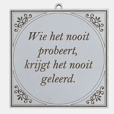 Tegeltje met de spreuk: "Wie het nooit probeert, krijgt het nooit geleerd."
