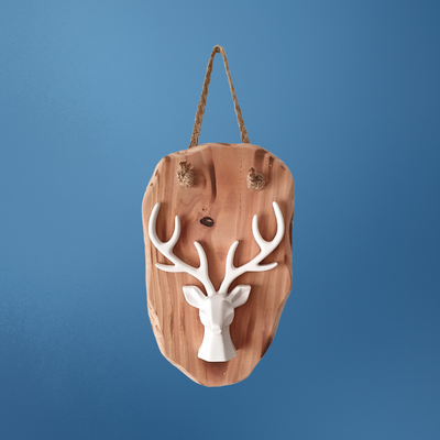 Handgemaakte Hertenhoofd op houten plank van porseleingips als stijlvolle woondecoratie