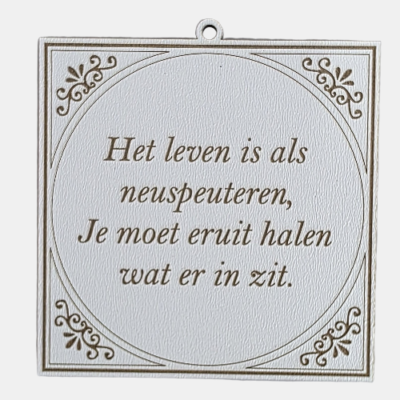 Tegeltje met de spreuk: "Het leven is als neuspeuteren, je moet eruit halen wat er in zit."