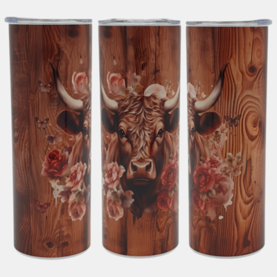 Bedrukte Tumbler 20 oz met Schotse Hooglander design met houtnerf achtergrond, transparante deksel is BPA vrij