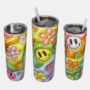 Bedrukte Tumbler 20 oz met vrolijke Smiley design, met transparante deksel en rietje