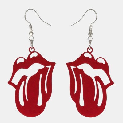 Oorbellen gelaserd uit plexiglas in de vorm van de Rolling Stones tong.