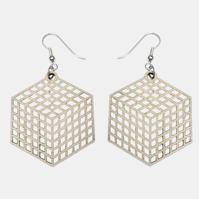 Oorbel met kubus en kleine vierkantjes, modern geometrisch design