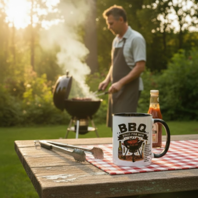 Bedrukte keramische mok met decoratief design met buitenleven BBQ voor o.a koffie en thee