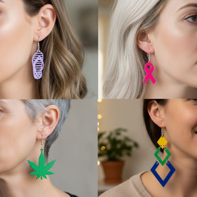 Collage van vier vrouwen die verschillende kleurrijke oorbellen dragen waaronder een paarse slipper een roze lintje een groen wietblad en geometrische ruiten