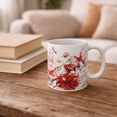 Bedrukte mok met bloemen met vlinder