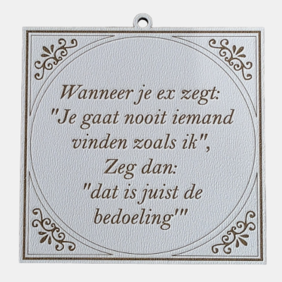 Vierkant wit MDF tegeltje met bruine tekst over een ex die zegt dat je nooit iemand zoals hen zal vinden en het gevatte antwoord dat dit juist de bedoeling is.