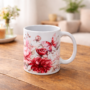 Bedrukte keramische mok met unieke print met Rode en Roze bloemen met Vlinder, 330 ml, sublimatie