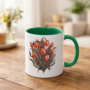 Bedrukte keramische mok met groene binnenkant en oor met unieke print van Boeket met Rode Tulpen, 330 ml, sublimatie
