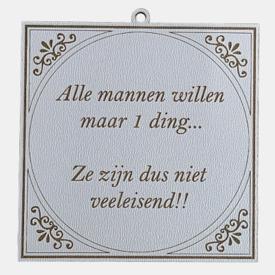 Vierkant wit MDF-tegeltje met bruine lasergegraveerde tekst: Alle mannen willen maar 1 ding... Ze zijn dus niet veeleisend!!.