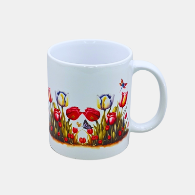 Bedrukte keramische mok met unieke print met tulpen rand, 330 ml, sublimatie