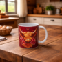 Bedrukte keramische mok met unieke print van Schotse Hooglander op mooie achtergrond met bloemen, 330 ml, sublimatie