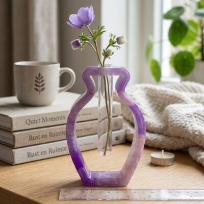 Handgemaakte paarse epoxy vaas met glazen reageerbuis op een houten tafel naast boeken en een kopje thee