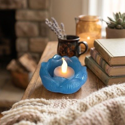 Handgemaakte lichtblauwe epoxy waxinelichthouder in de vorm van een lotusbloem op een houten dressoir