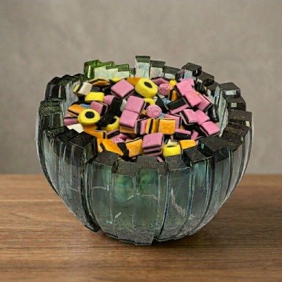 Moderne donkergroene epoxy schaal met geometrisch design gevuld met snoepgoed op een houten tafel