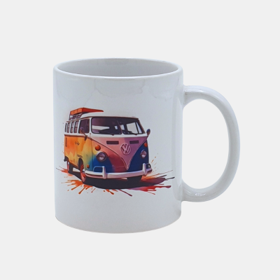Bedrukte keramische mok met unieke print met kleurijke VW bus, 330 ml, sublimatie